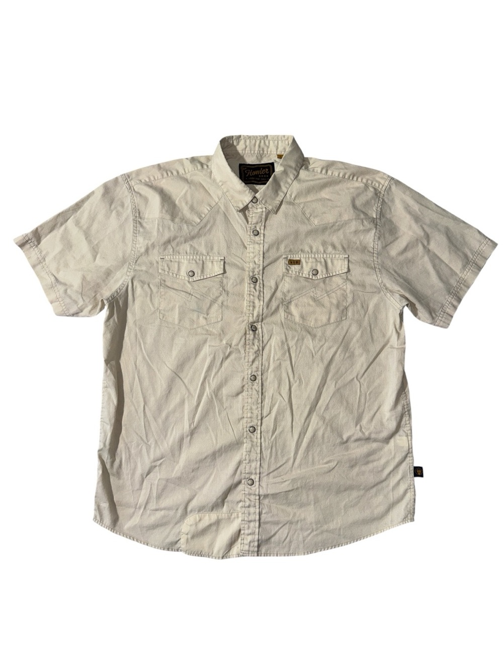 Howler Bros mens L Large cream cotton blend pearl snap short sleeve button up